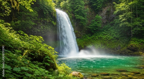 Majestic Waterfall Scenery: Lush Green Forest and Turquoise Water