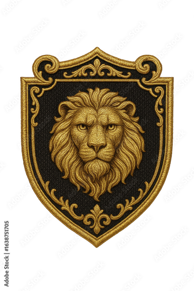 Fototapeta premium Embroidered Golden Lion Head Emblem with Ornate Scrollwork on Textured Dark Background