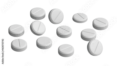 Round white pills scattered, offering relief and healing for your healthcare designs, conveying wellness and pharmaceutical solutions, perfect for medical projects