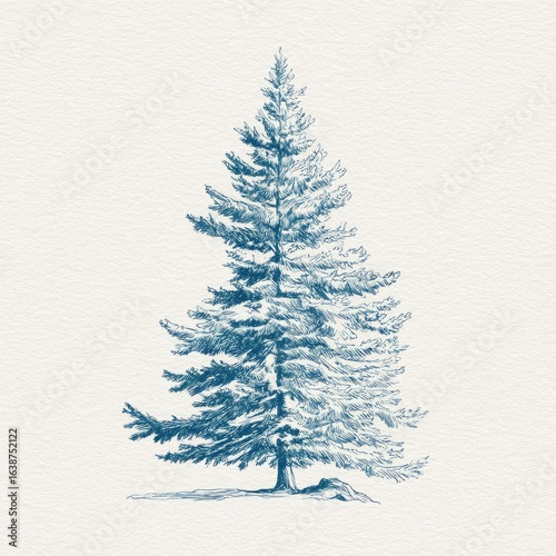 Detailed illustration of a tall evergreen tree, rendered in shades of muted blue-gray pencil