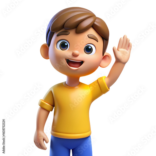 happy animated boy waving hello with cheerful expression on transparent background