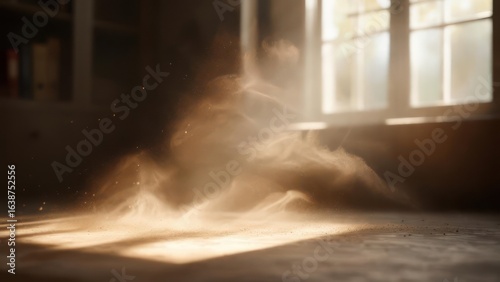 Golden Dust Cloud Swirls in a Dramatic Sunbeam on a Forgotten Room's Floor