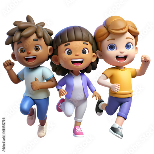 happy animated children running together on transparent background