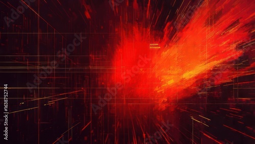 Fiery Red Abstract: Digital Grid and Explosive Energy, Tech Background