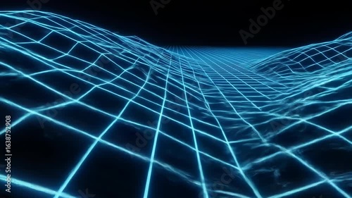Abstract Blue Neon Grid Landscape On Black Background Representing Digital Data And Technology