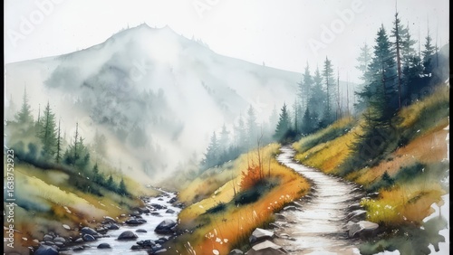 Tranquil Watercolor Mountain Valley with Winding Path, Pine Trees, and Misty Peaks
