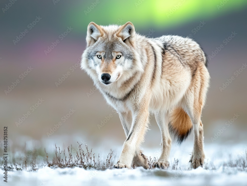 Naklejka premium Majestic wolf in winter wonderland.