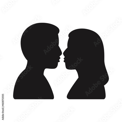A solid black silhouette of a couple facing each other, about to kiss or in a close, loving moment.