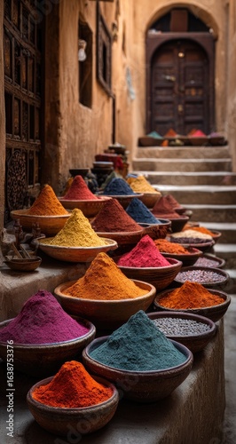Colorful spice market on tiered steps
