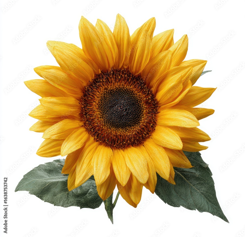 Obraz premium Close-up of a single sunflower with leaves