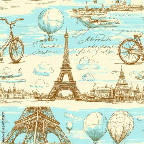 Parisian sketches eiffel tower hot air balloons and bikes.