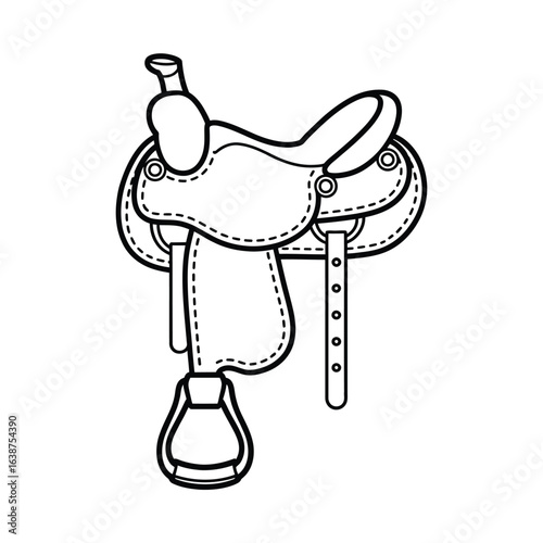 Western horse saddle outline drawing isolated on white background