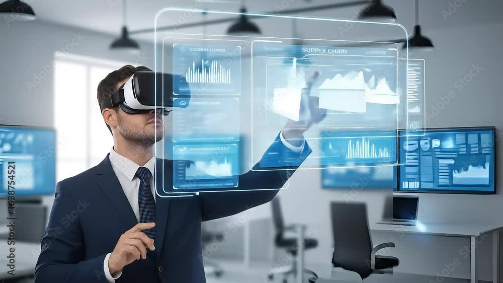 Businessman using VR headset interacting with holographic data displays Businessman using VR headset interacting with holographic data displays