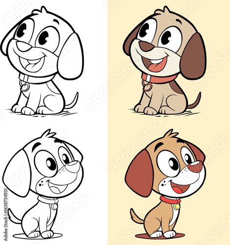 Adorable cartoon puppies with big eyes, wearing red collars, one light brown and one beige, sitting happily in a bright, colorful style.