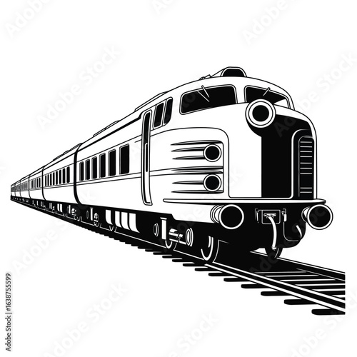 Vintage diesel locomotive traveling on railroad tracks in black and white