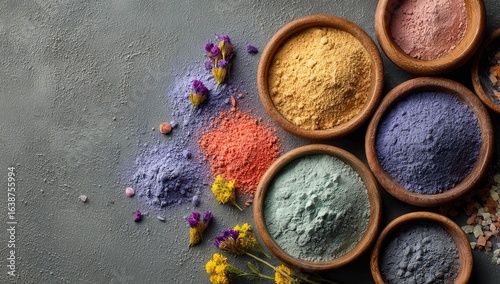 Colorful natural clays in small wooden bowls