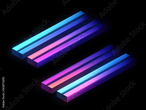 Two parallel rows of glowing, 3D, rectangular prisms, in a vibrant gradient of purple, blue, and pink hues, against a black background