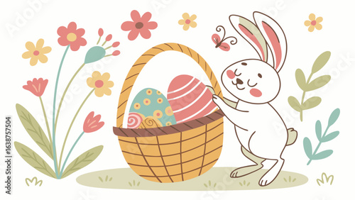 Happy easter bunny with easter eggs in basket and spring flowers vector illustration for easter celebration
