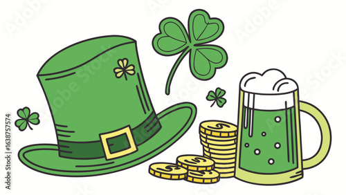 Celebrate st patrick's day with green beer leprechaun hat and clover shamrock for good luck and irish pride