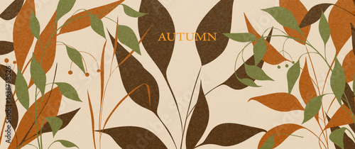 Abstract autumn art background with tree leaves and grass. Vector plant banner for decor, print, poster, textile, interior, wallpaper.