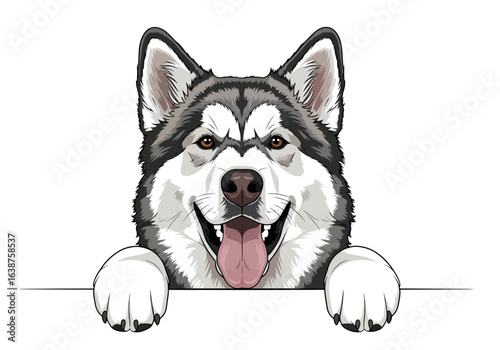 A smiling, detailed illustration of a fluffy Alaskan Malamute dog, peeking over a blank surface.