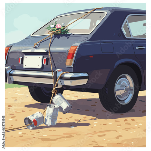 Vintage car decorated with cans and flowers on dirt road  