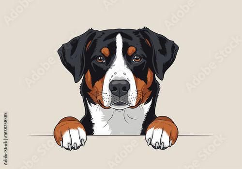 An adorable illustration of a tri-color Swiss Mountain Dog peeking over a surface.