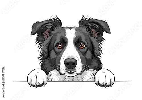 A digitally illustrated black and white Border Collie dog peering over a white edge.