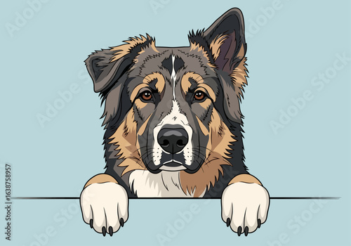 An illustrated portrait of a cute dog with one ear up and one ear down, peeking over a light blue background.