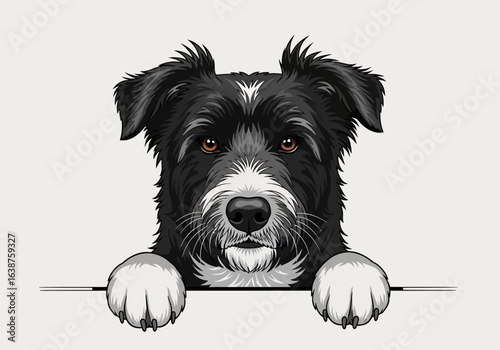 A black and white dog with brown eyes peers over a white ledge, paws resting on the edge.