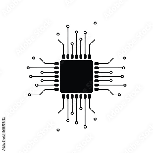 Black silhouette of a microprocessor with connected pins