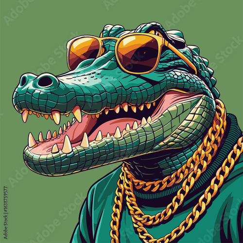vector illustration of a crocodile wearing glasses and a gold necklace