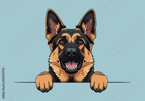 A friendly German Shepherd dog with its paws resting on a ledge, looking directly at the viewer with a happy expression.