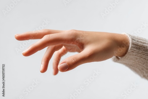 A light-skinned hand reaches out, fingers slightly curled