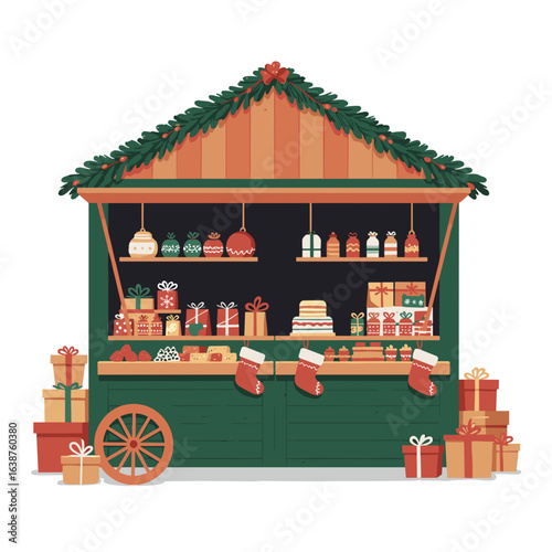 Christmas market stall with festive decorations and gift boxes  