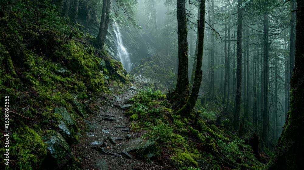 Fototapeta premium Misty Forest Path With Waterfall And Lush Greenery