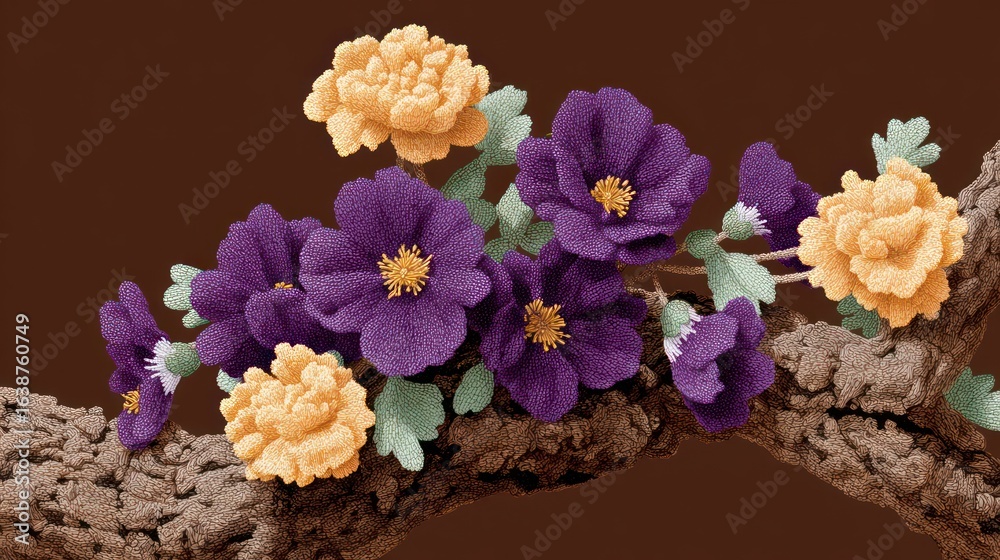 Fototapeta premium A cluster of purple and yellow textured flowers on a textured branch against a brown background