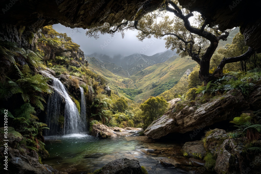 Obraz premium Hidden Waterfall In Mountainous Forest Landscape