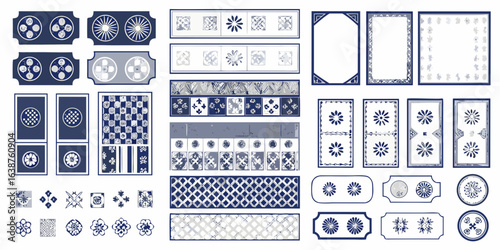 Collection of japanese inspired decorative patterns and frames