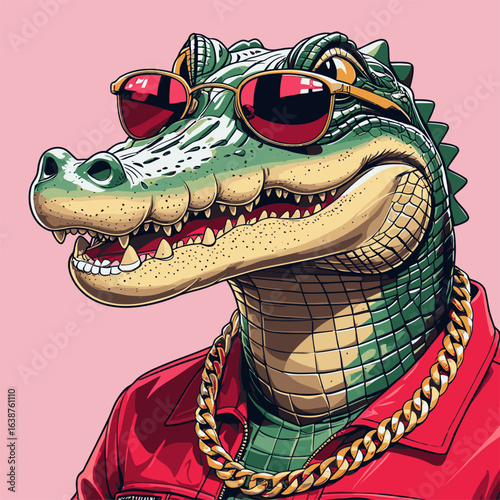 vector illustration of a crocodile wearing glasses and a gold necklace