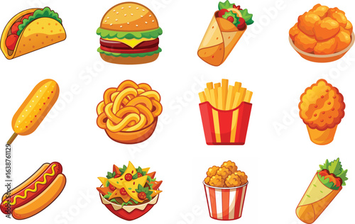 Delicious cartoon fast food assortment includes hamburger taco french fries hot dog and more