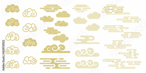 Collection of stylized golden clouds and asian auspicious clouds