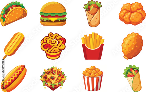 Delicious collection of various cartoon fast food icons and menu illustrations