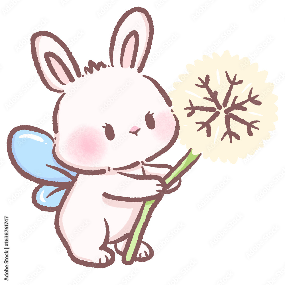 Obraz premium Cute bunny fairy holding a dandelion flower illustration kawaii rabbit with blue wings spring nature floral character design whimsical woodland animal art nursery wall decor children book style