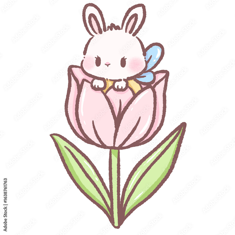 Obraz premium Cute white bunny fairy sitting inside pink tulip flower kawaii spring rabbit illustration whimsical garden fantasy character pastel cartoon floral nature adorable digital art design