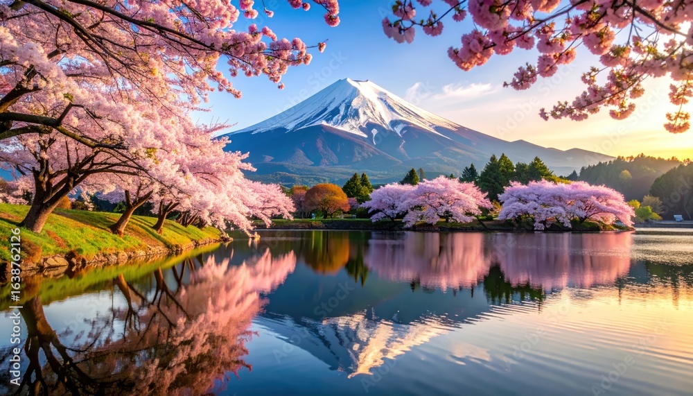 Fototapeta premium Cherry Blossom Trees with Lake, Mt Fuji, Japan, and Spring.