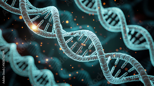 Abstract 3d rendering of glowing dna helix strands in a science laboratory setting