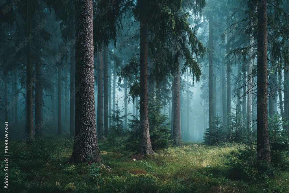 Obraz premium Misty Forest Scene With Lush Green Trees