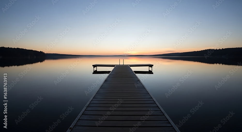 Naklejka premium A wooden pier extends into the tranquil, mirror-like surface of a lake, reflecting the pastel hues of a serene sunrise or sunset sky over a distant treeline.