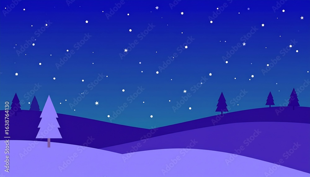Fototapeta premium Simple, winter night landscape with stylized trees and hills.